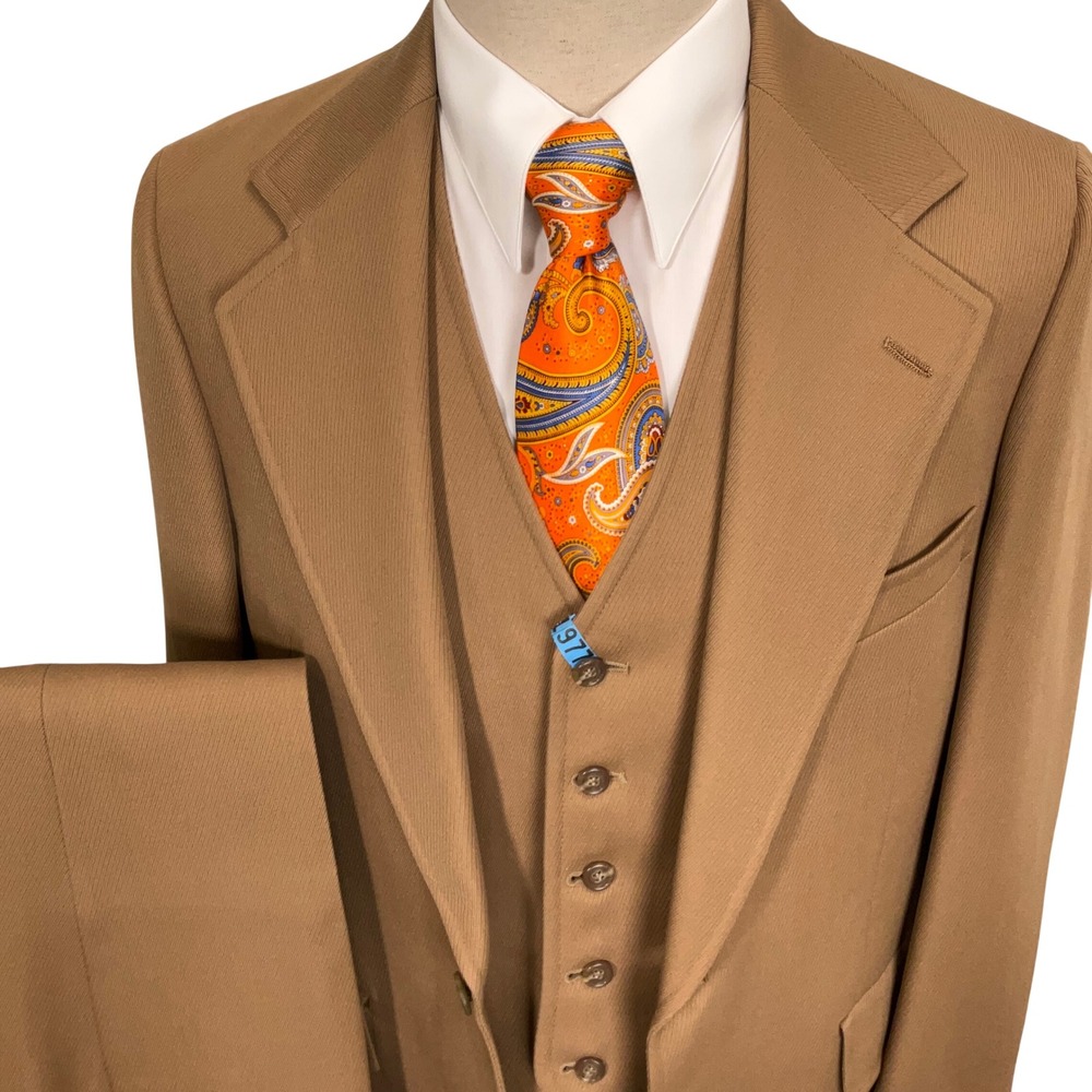 Sheldon Aristocrat ACWA 3 Pc Suit Mens 40R 34W Camel Tan 70s Dandy Academia VTG
